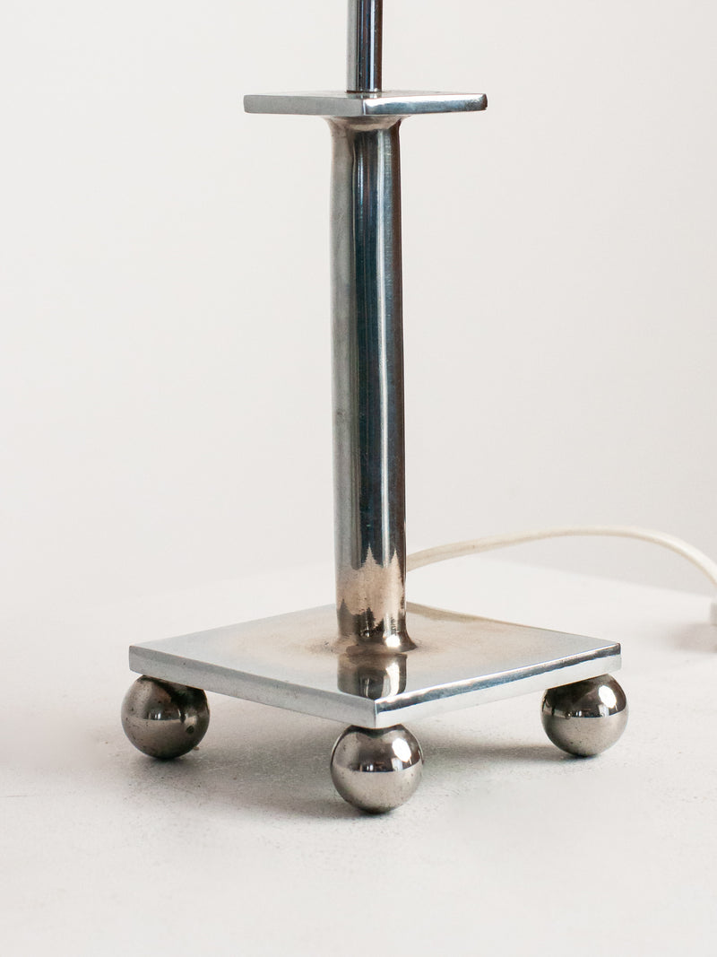 Vintage Chrome Table Lamp with Linen Shade | Postmodern Desk Lamp | Minimalist Chrome Ligh — detail view
