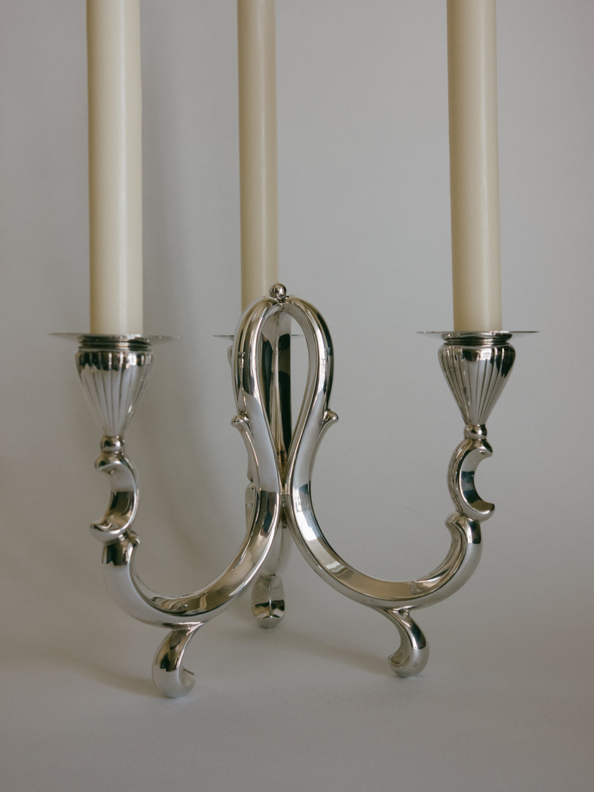 Vintage German Silver-Plated 3-Light Scroll Candelabra (Lutz & Weiss Style) c. 1970s — side angle