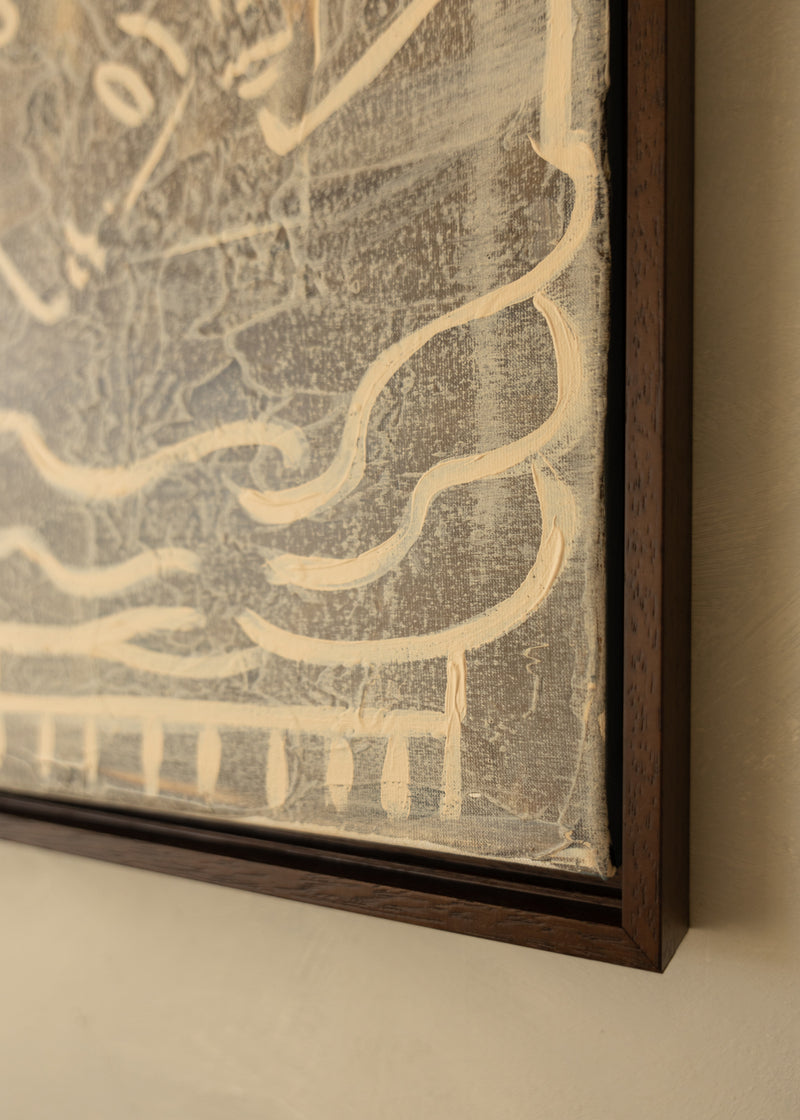 Corner detail of The Hug abstract painting with flowing beige curves