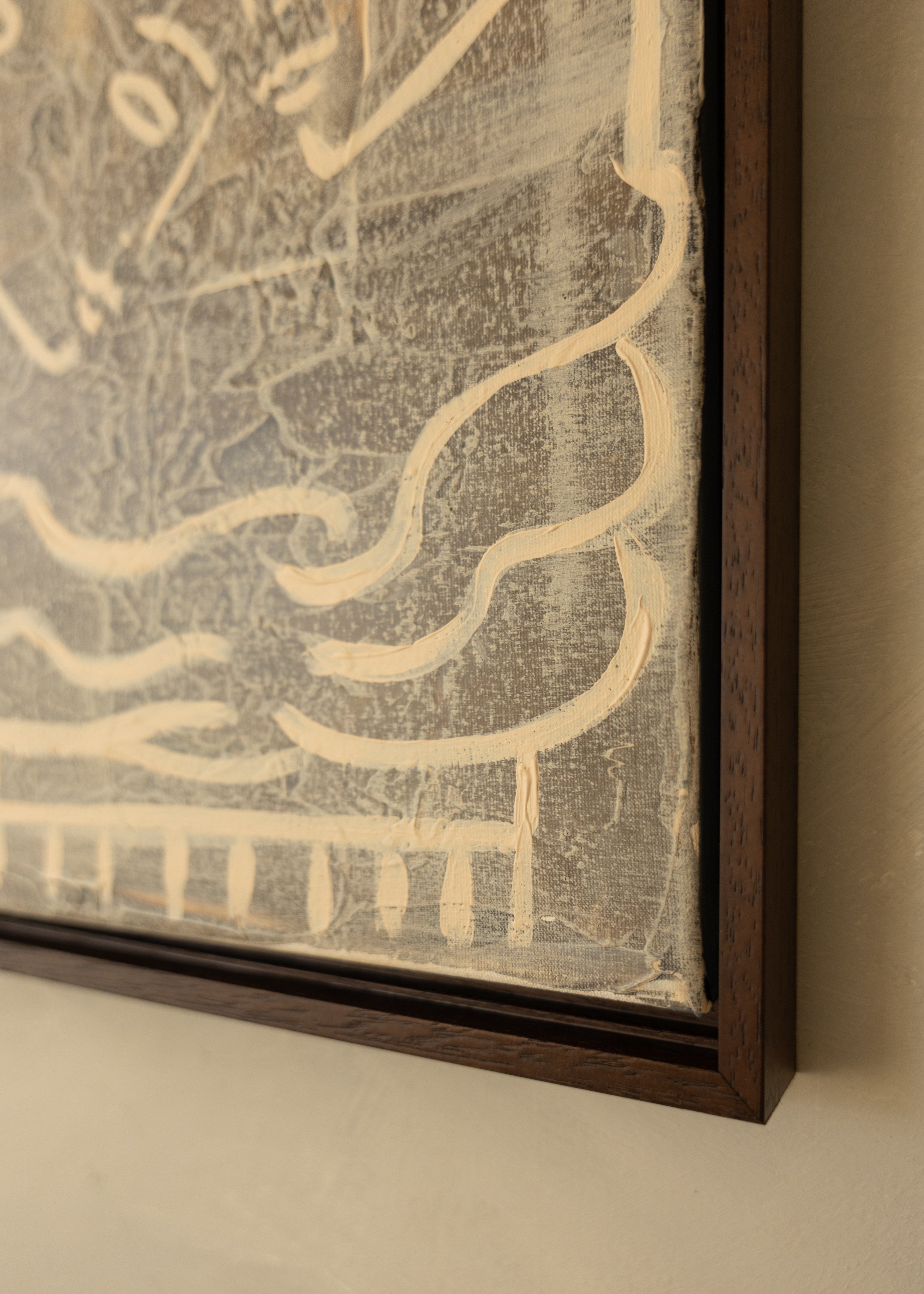 Corner detail of The Hug abstract painting with flowing beige curves