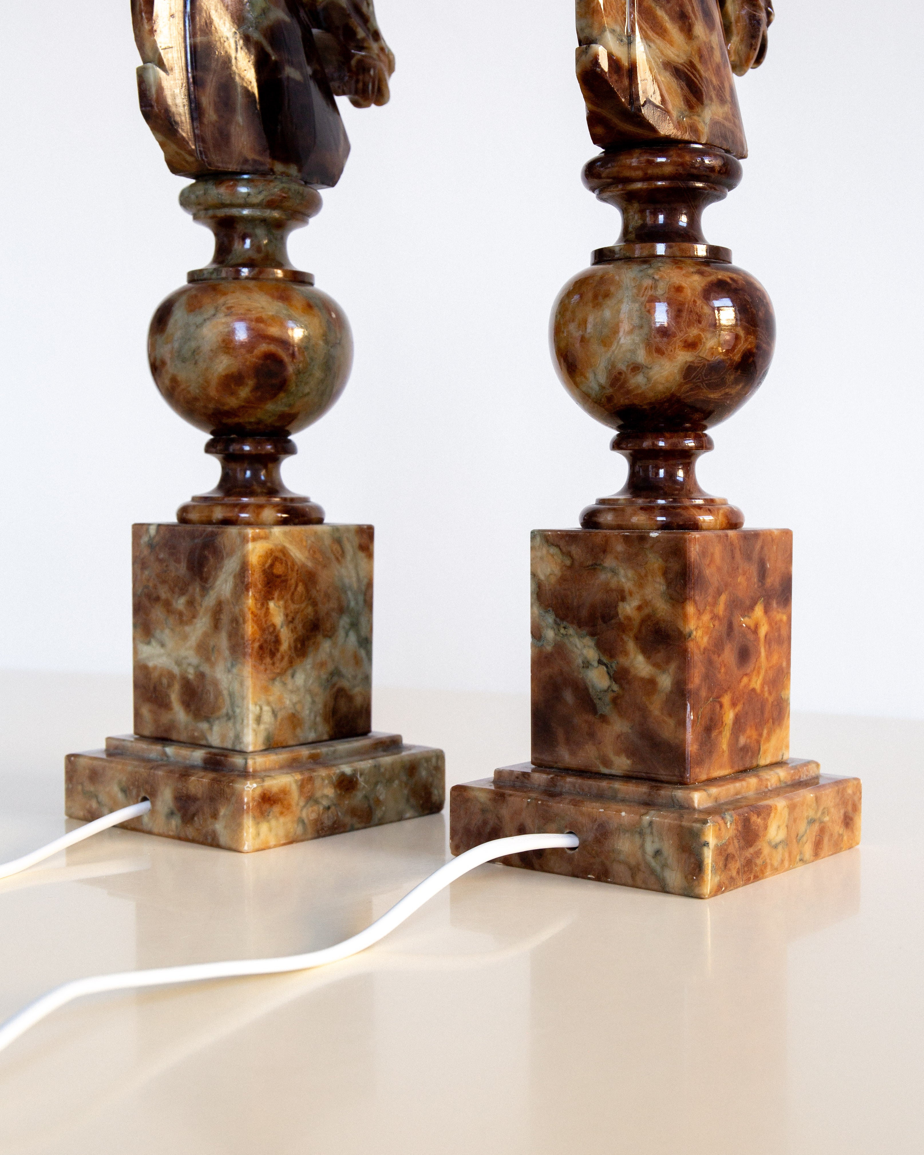 Pair of Large Alabaster Horse Head Table Lamps, Italy, 1970s — top view of bases with textured alabaster