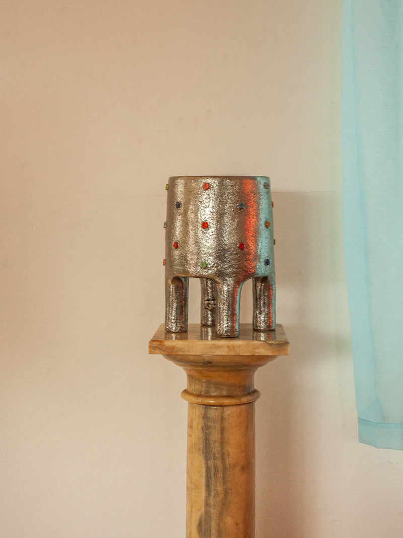 Nocturne palladium table lamp with colorful accents on wooden pedestal