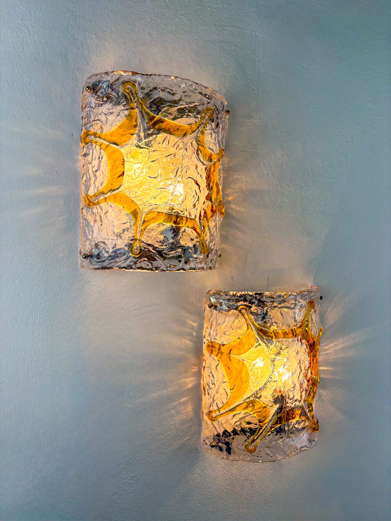 Pair of Mazzega Murano Wall Lights, Orange Frosted Textured Glass, Italy, 1970s — detail view