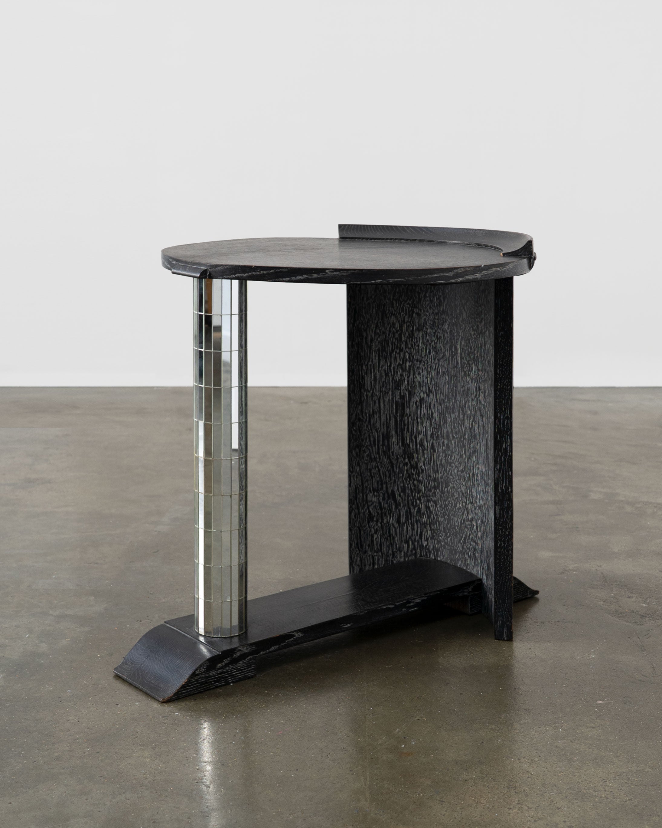Modernist Ebonised Oak and Mirror Mosaic Pedestal Table — side view highlighting mirrored column