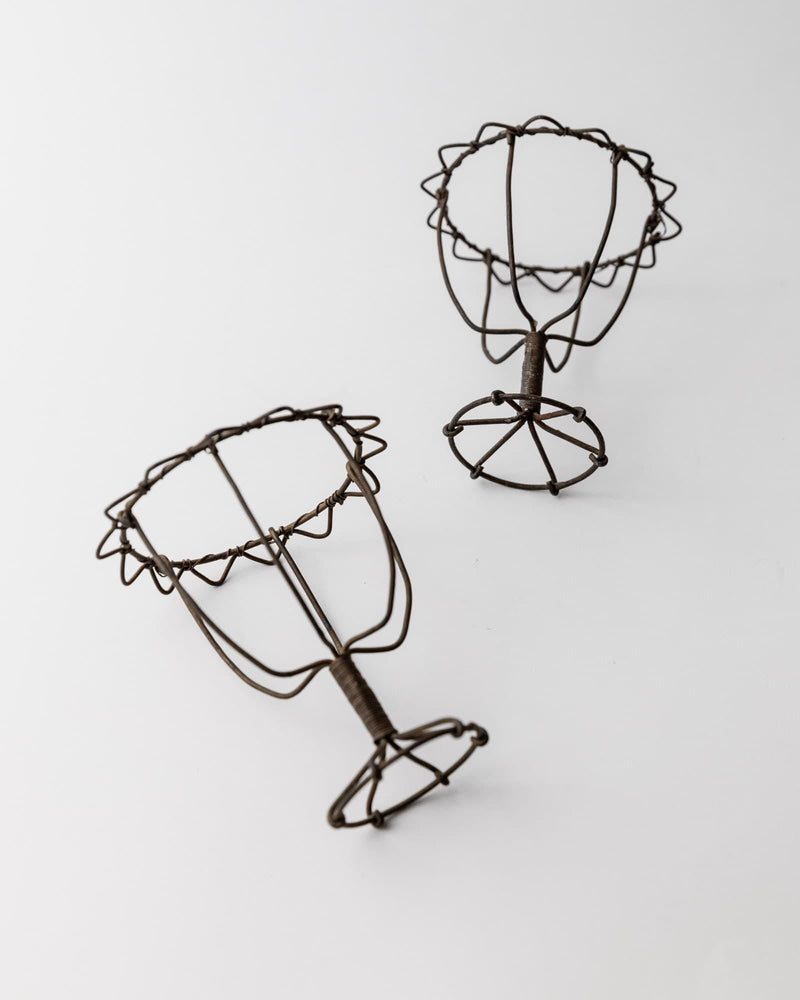Antique 1850s Iron Wire Candleholder Set of 2 — close-up of dark iron wire design