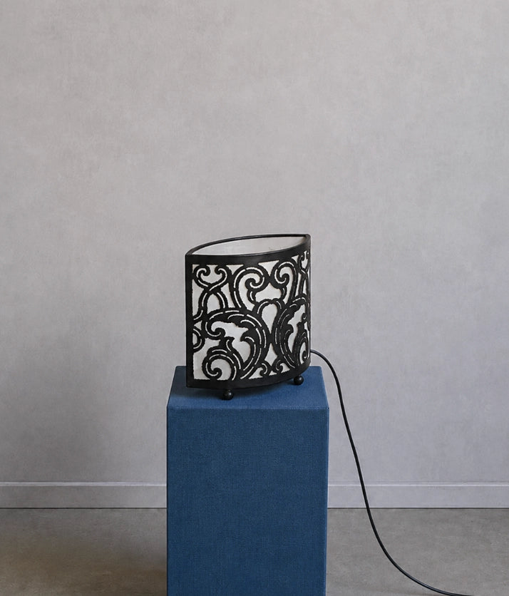 1970s French D-Shape Wrought Iron & Fabric Table Lamp — side angle