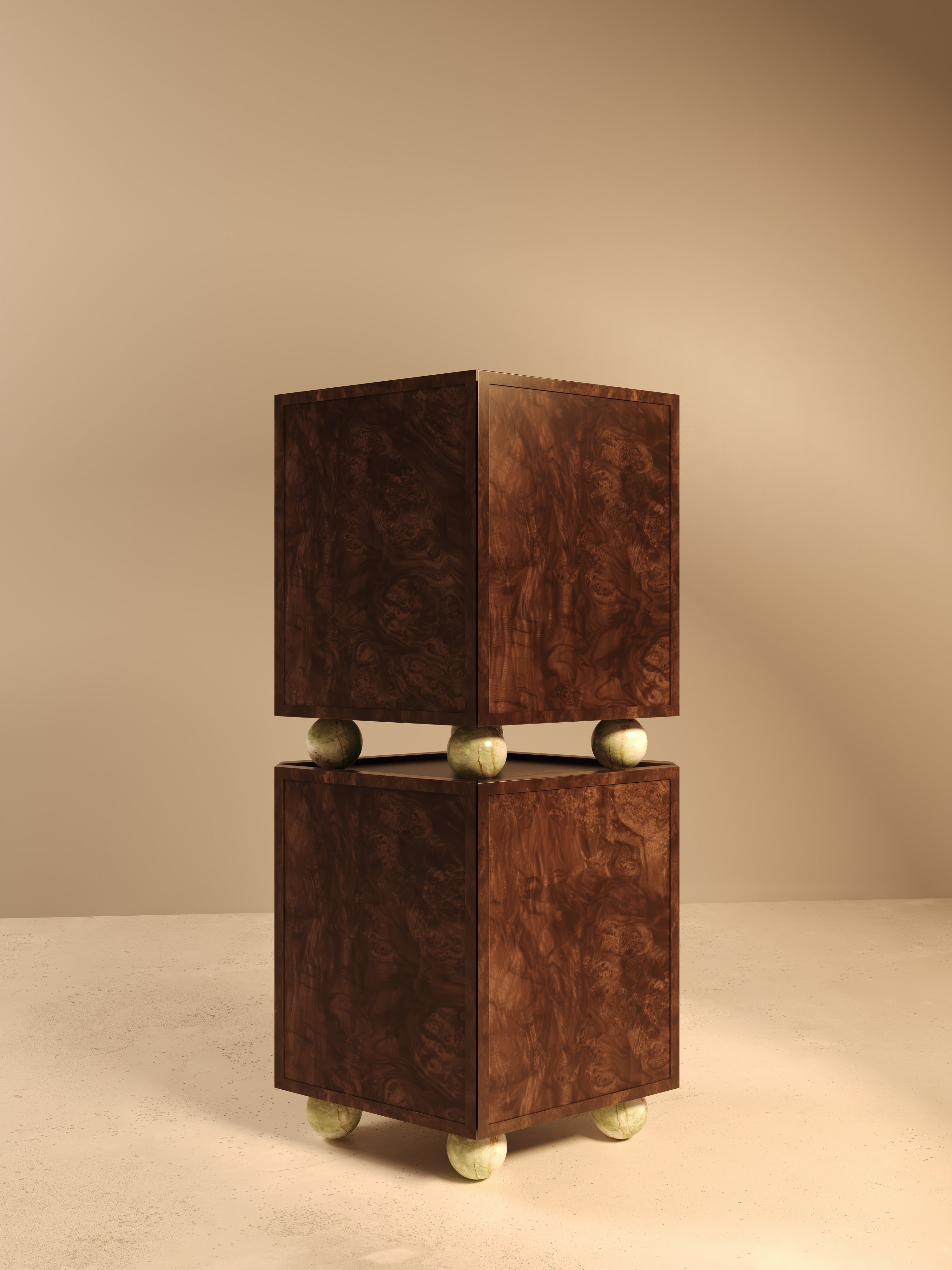 ORO I – Walnut Burl Veneer Cabinet with Onyx Spheres — side angle