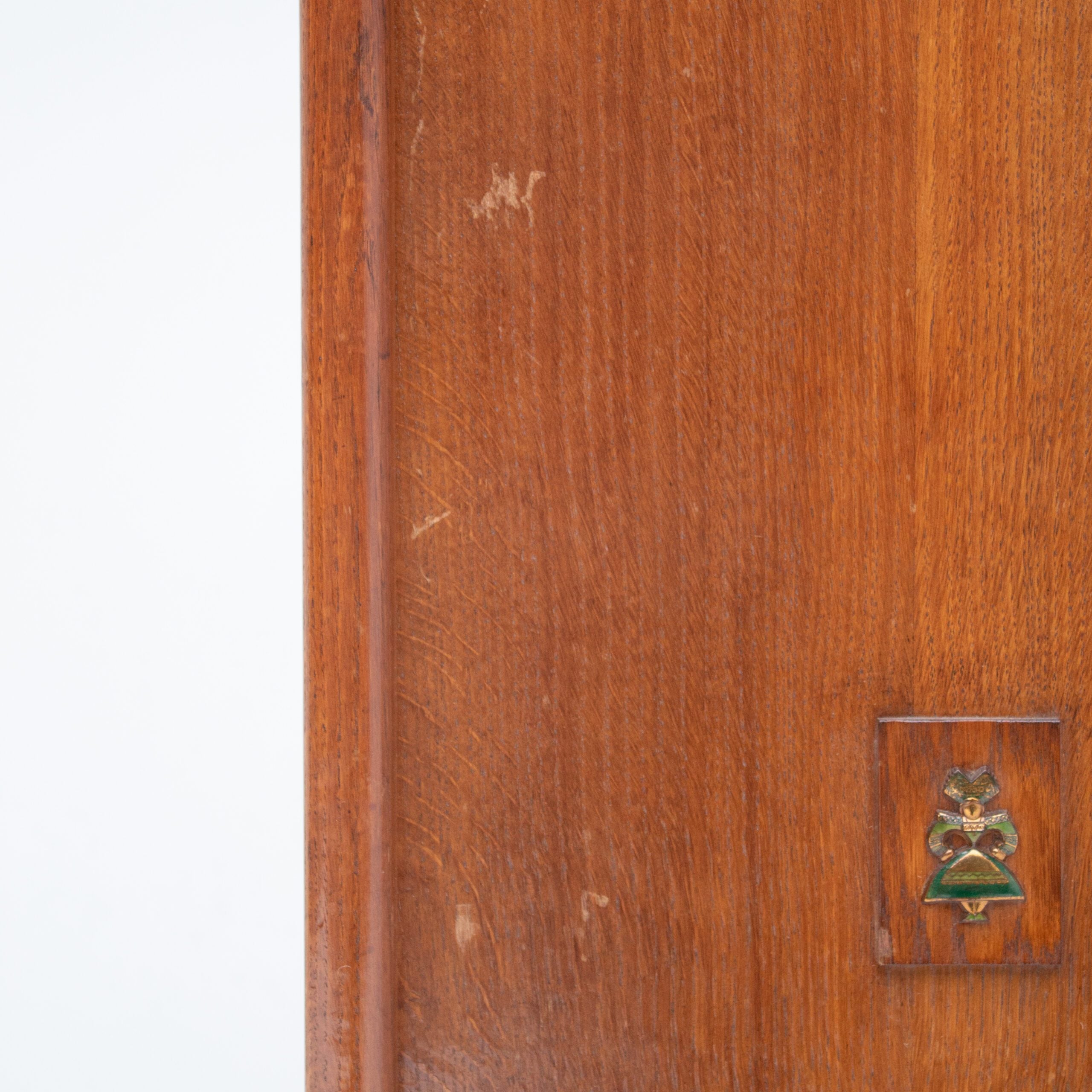Mid-Century Oak Cabinet with Brass Handles and Decorative Inlays — view 9