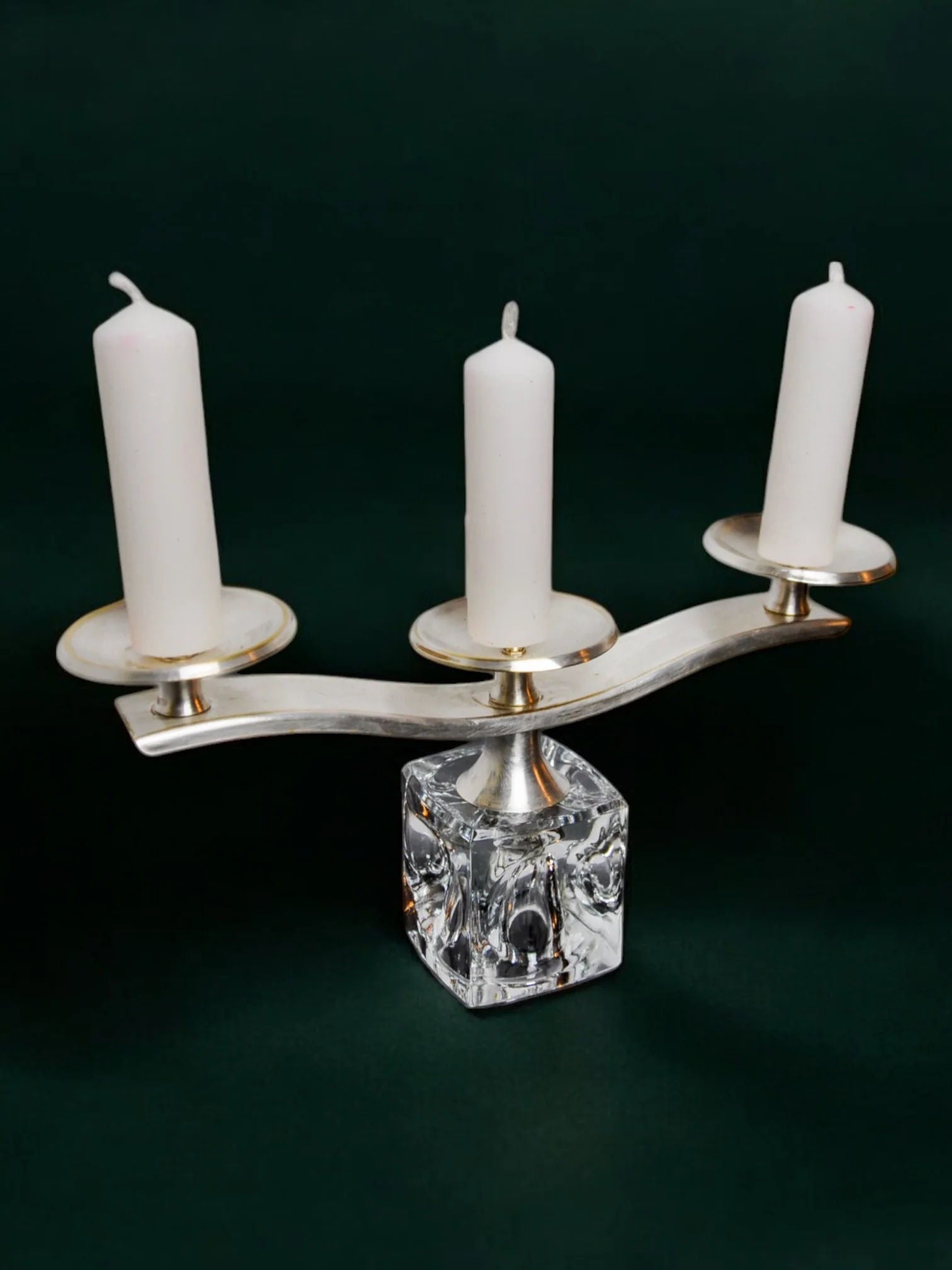 Ice Cube Candleholder by Peill & Putzler 70s — angled view on dark green background