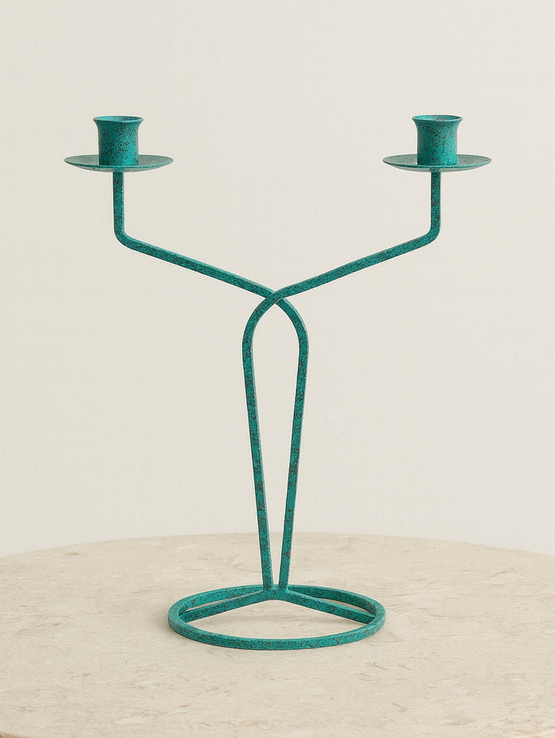 Turquoise postmodern metal candleholder with curved arms, 1990s