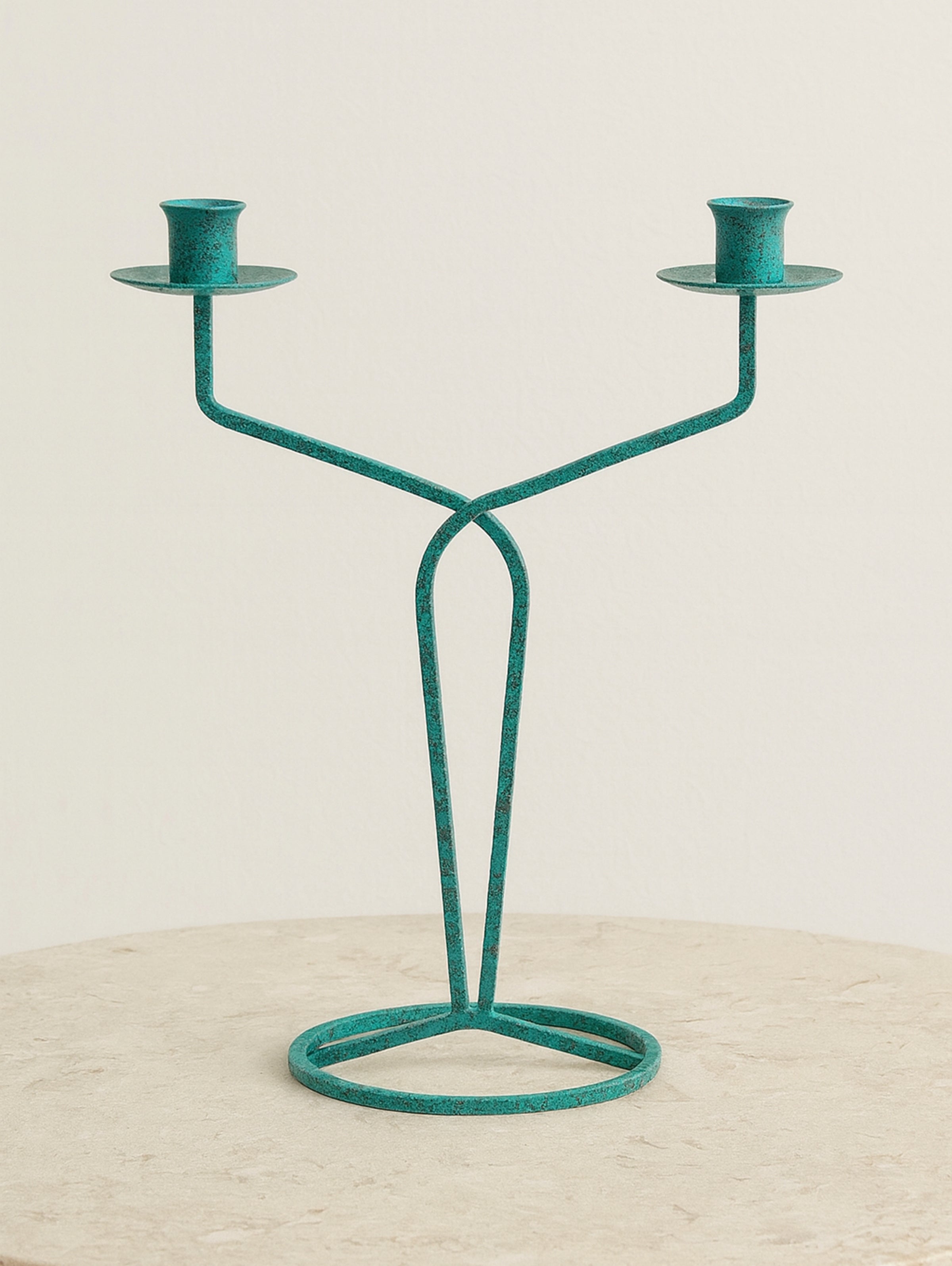Turquoise postmodern metal candleholder with curved arms, 1990s