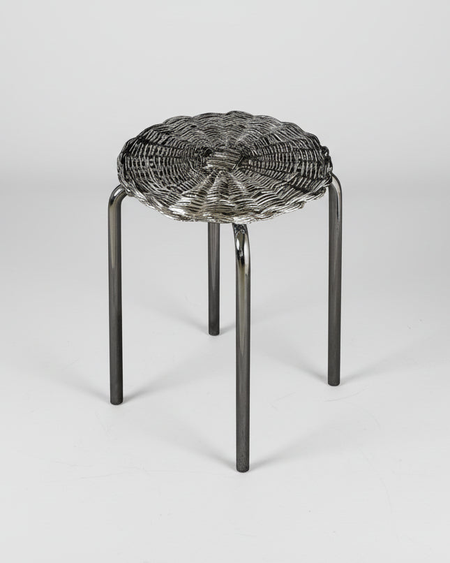 Woven Wicker Metal Plated Side Table in Chrome and Steel — close-up of woven wicker seat and metal legs