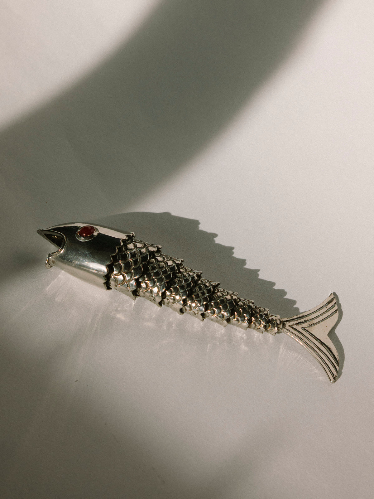 Vintage French Articulated Silver-Plated Fish Bottle Opener c. 1970s — side angle