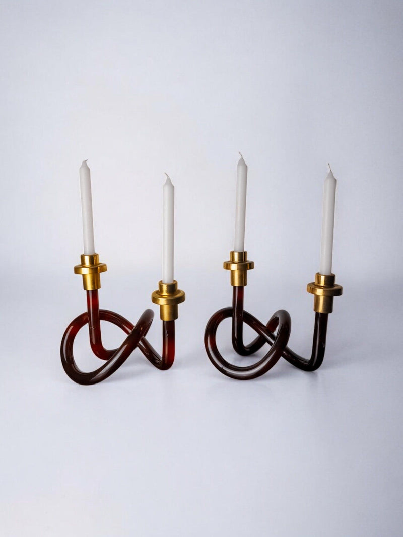 Pair of Candleholders by Dorothy Thorpe, 1970s — close-up of twisted glass and brass design