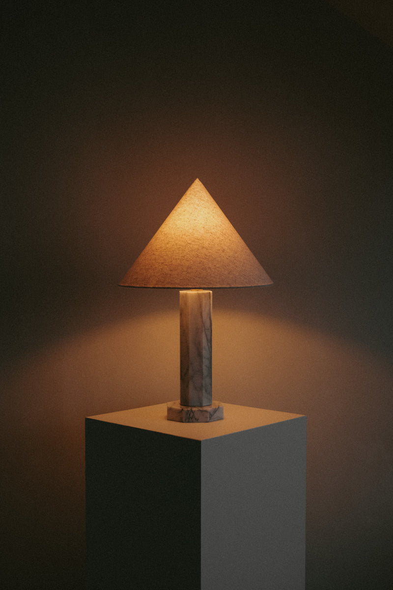 Marble Table Lamp — close-up of marble base and fabric shade
