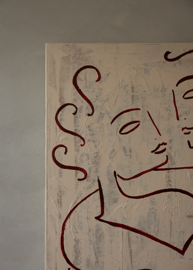 Le Cocoon — close-up of textured canvas with red lines