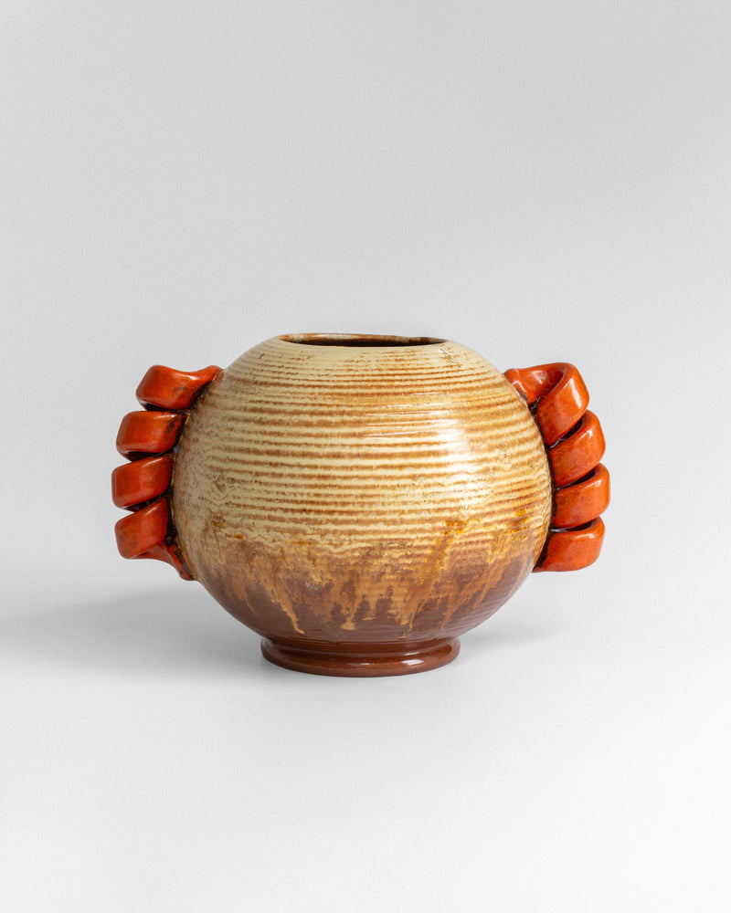 Swedish Modernist Vase with Sculptural Handles by Spigel | The Oblist — ceramic, orange accents