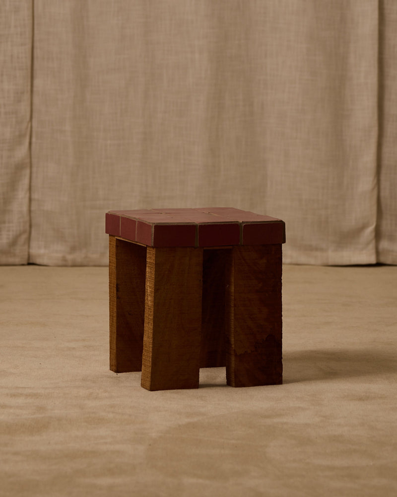 Jura tile side table with burgundy top and walnut base by Ah Um