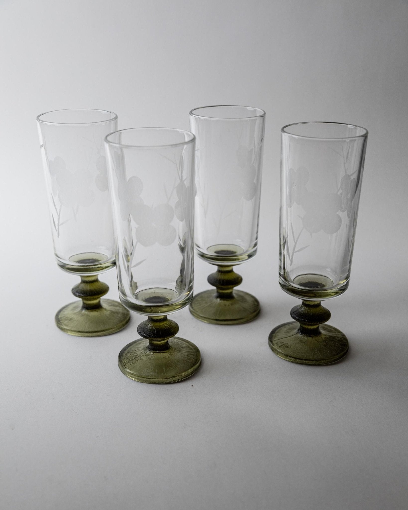 Vintage 1970s Champagne Glasses Set of 4, Olive Green Stems with Etched Floral Clear Glass Bowls, Elegant Barware Tableware, Gift Idea — in context