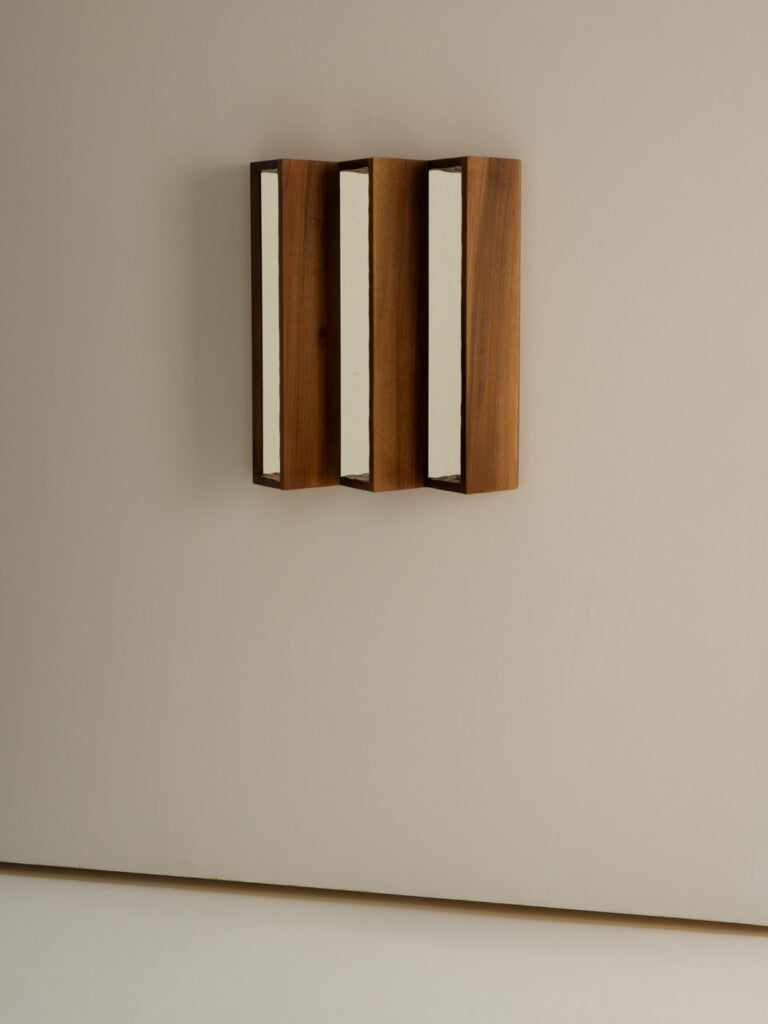 Small Perception Mirror — close-up of wooden frame with three mirrors