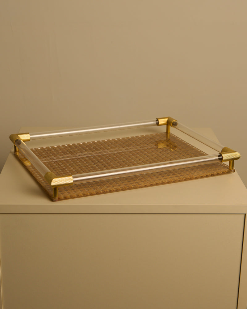 Large Italian 70s Brass, Wicker and Plexiglass Catch-all Tray by Treaptyque | The Oblist — vintage brass and wicker design