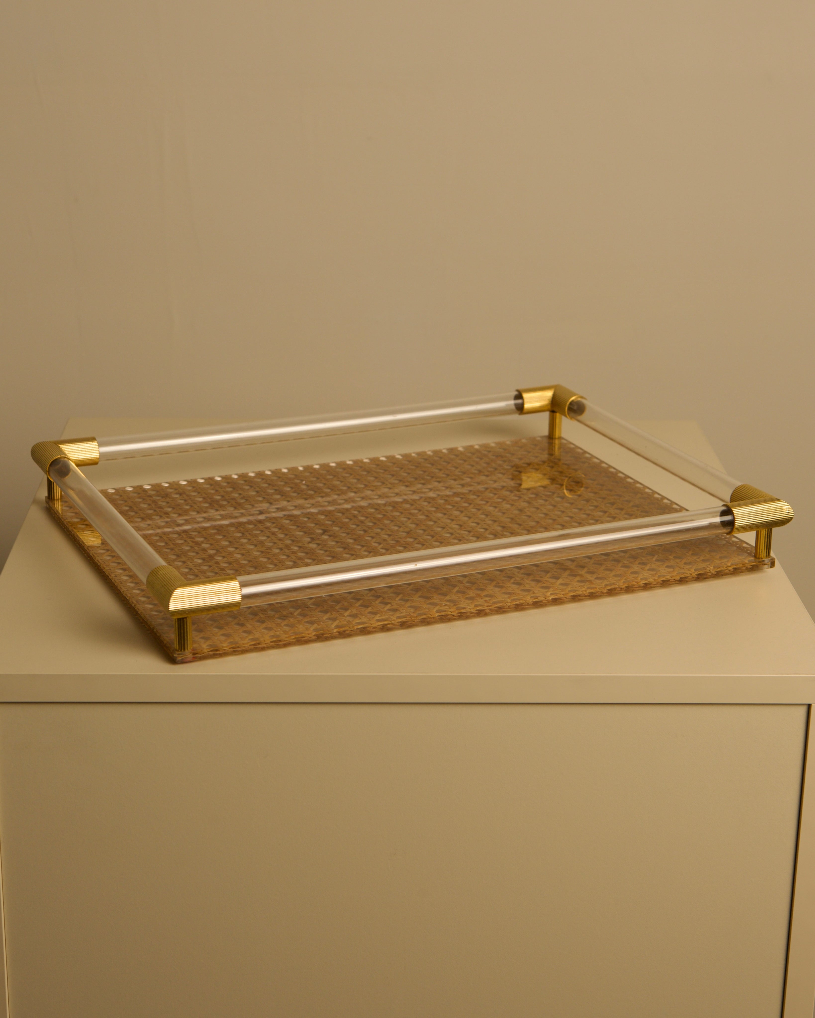 Large Italian 70s Brass, Wicker and Plexiglass Catch-all Tray by Treaptyque | The Oblist — vintage brass and wicker design
