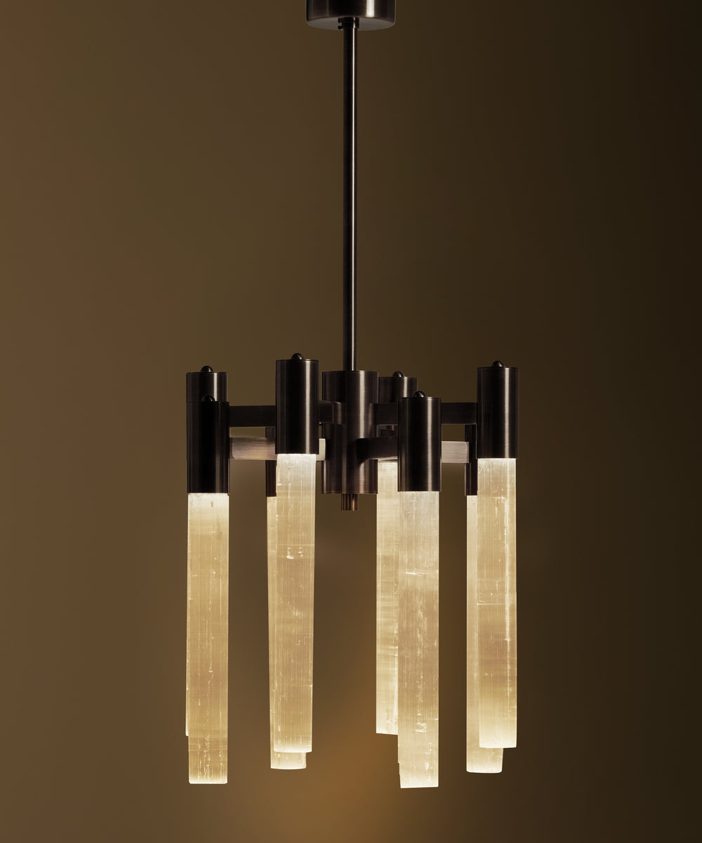 SELENE Chandelier in selenite and brushed bronze — detail view