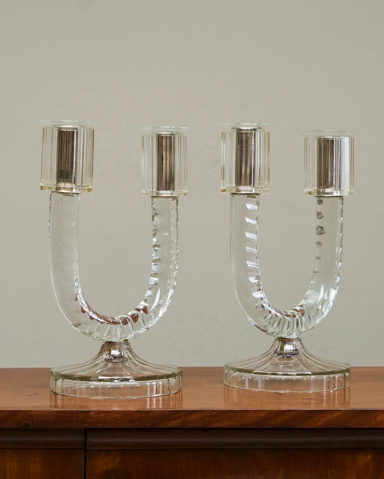 Wonderful Pair of Crystal Art Deco Candle Holders, France 1930s — in context