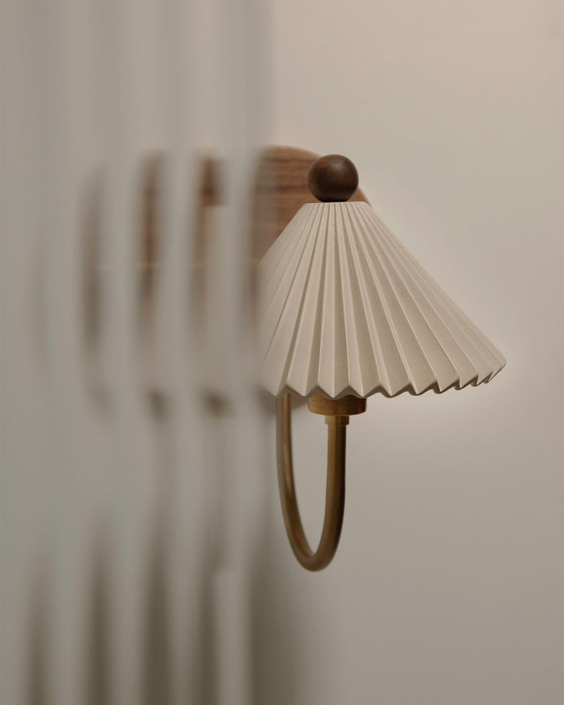 Prairie pleated fabric sconce with walnut wood finial wall light