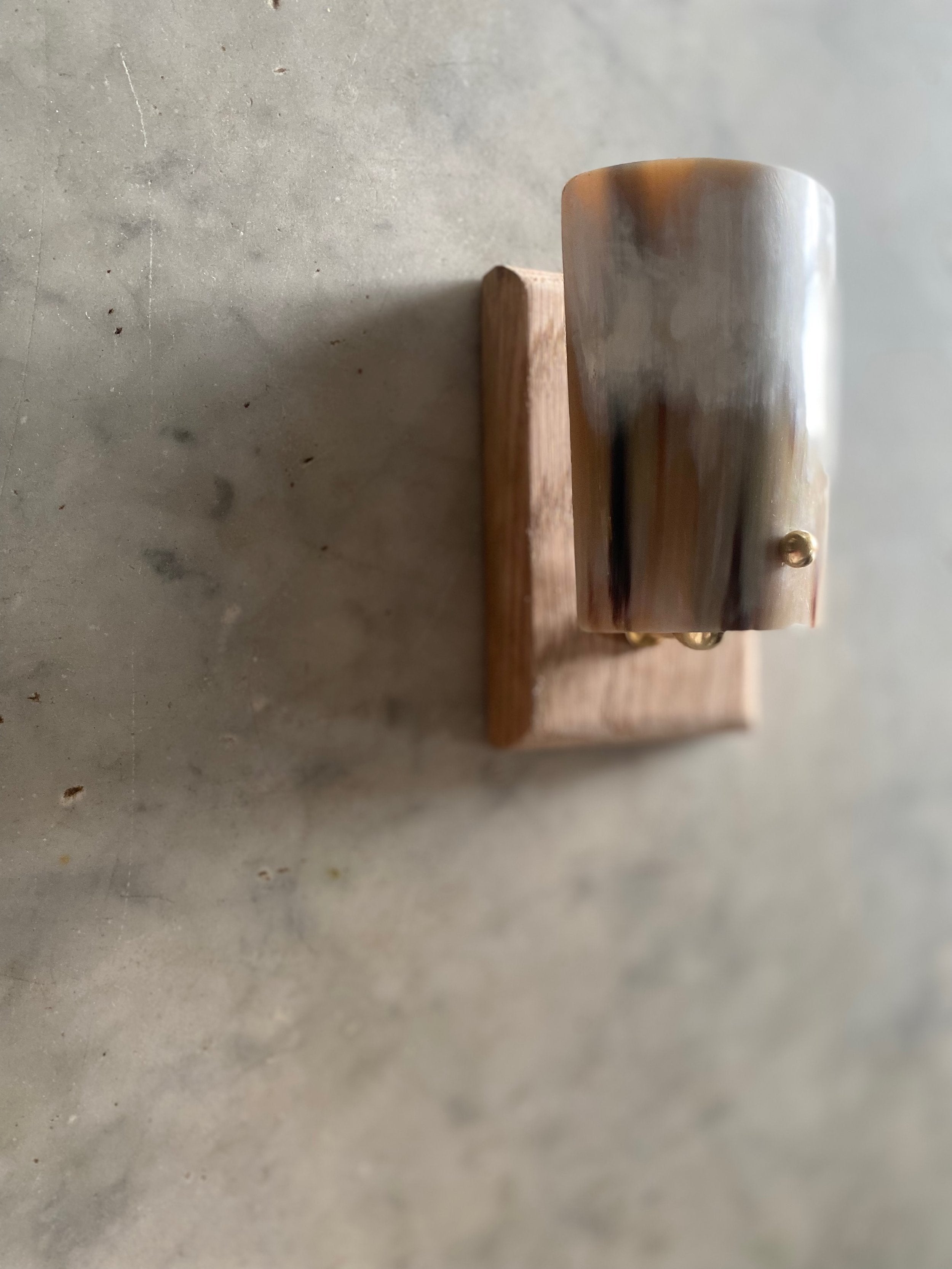 Arts and Crafts Wall Light in Oak and Horn - Horn Stud Collection — side angle showing horn shade and wooden base