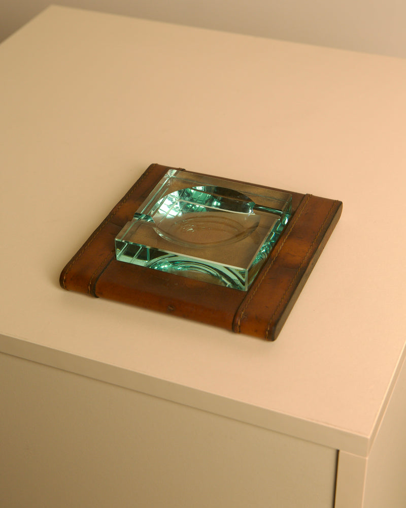 Square Italian Ashtray by Fontana Arte, 1960s — close-up of glass and leather detail