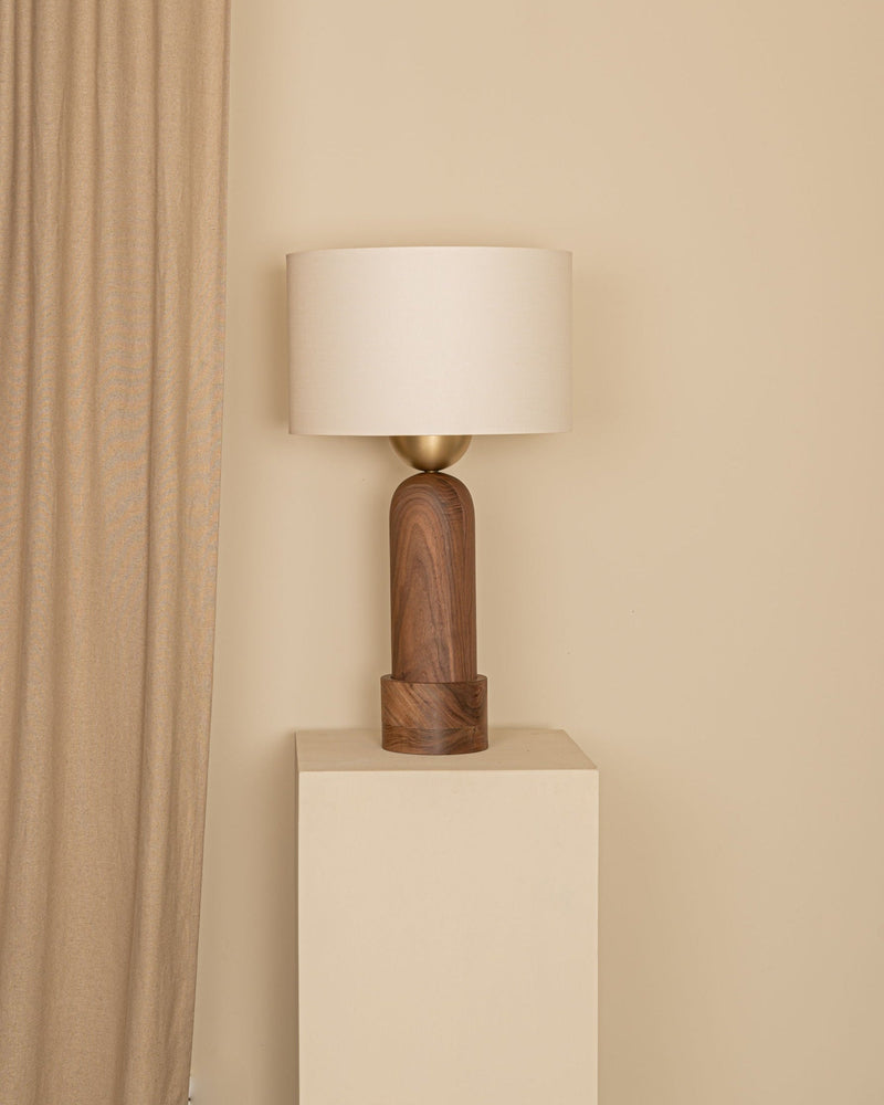 Peona Kelo walnut wood table lamp with cylindrical white shade