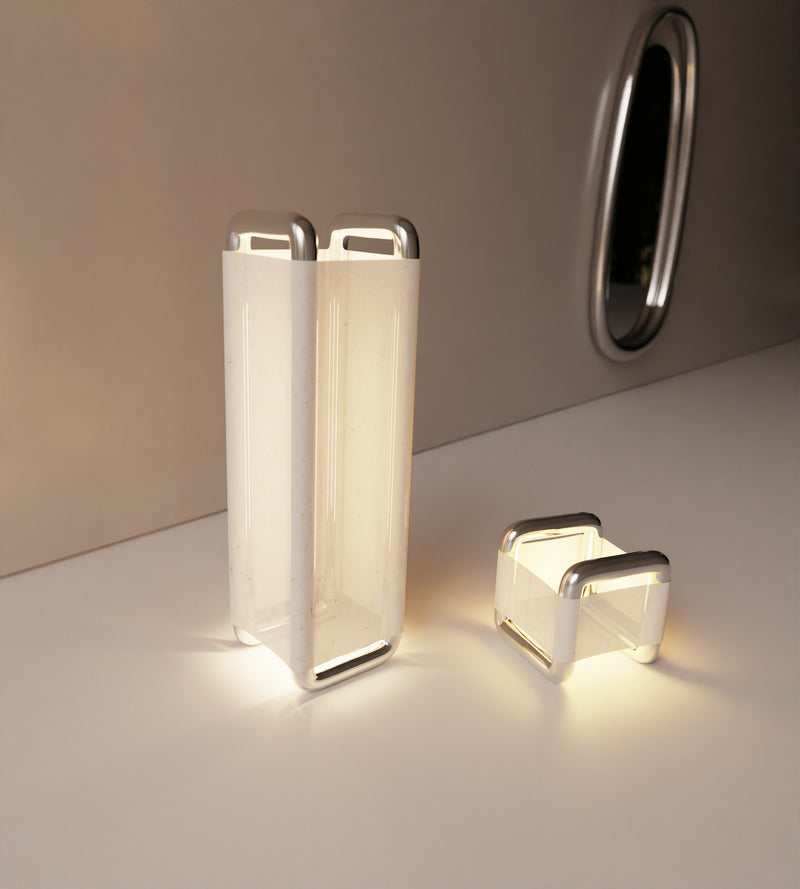 “Xoria” Floor Lamp | Stainless Steel Linen — close-up of light diffusing through linen shade