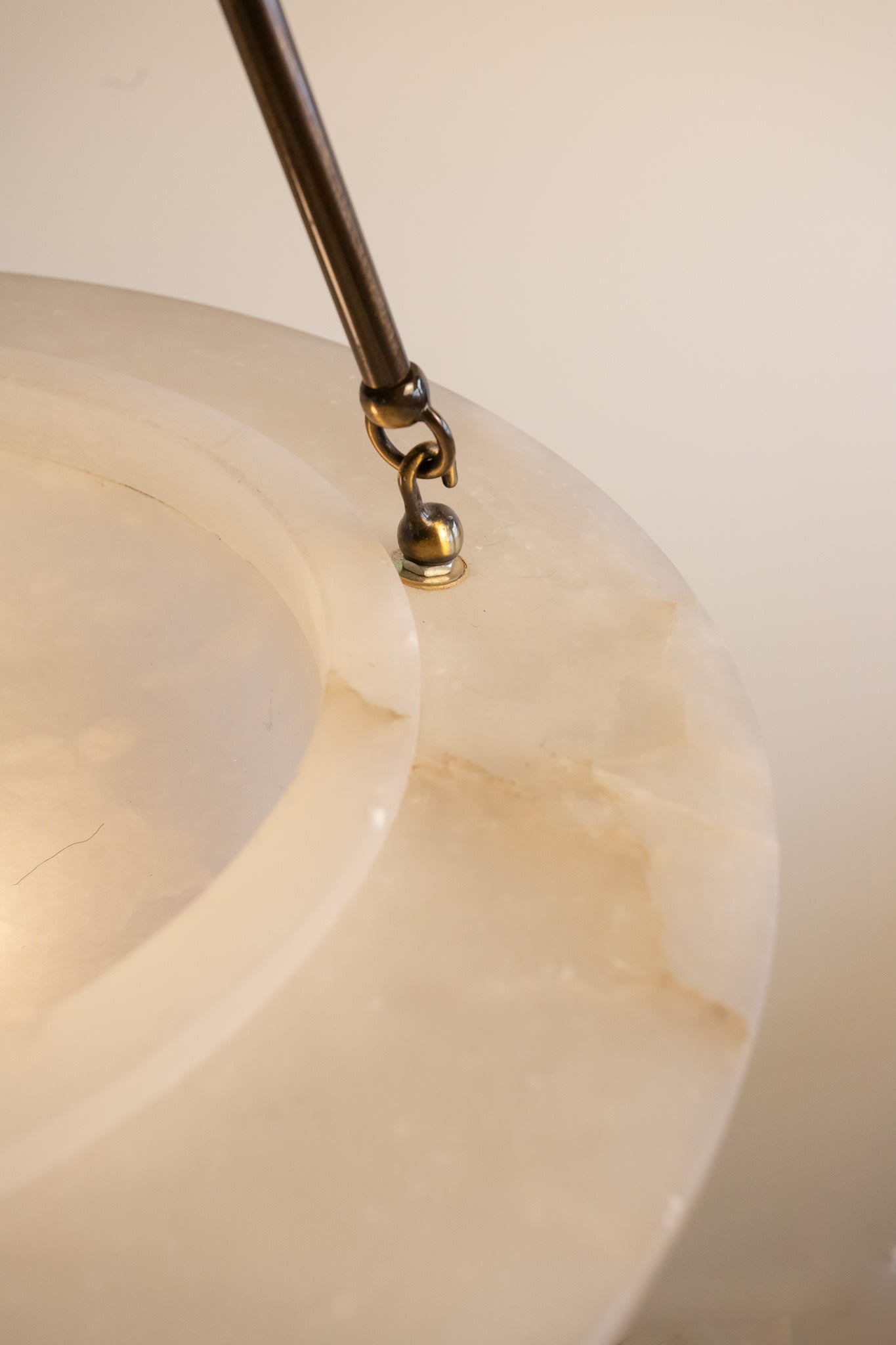 Art Deco Revival Carved Alabaster Plafonnier — close-up of alabaster surface and metal fixture