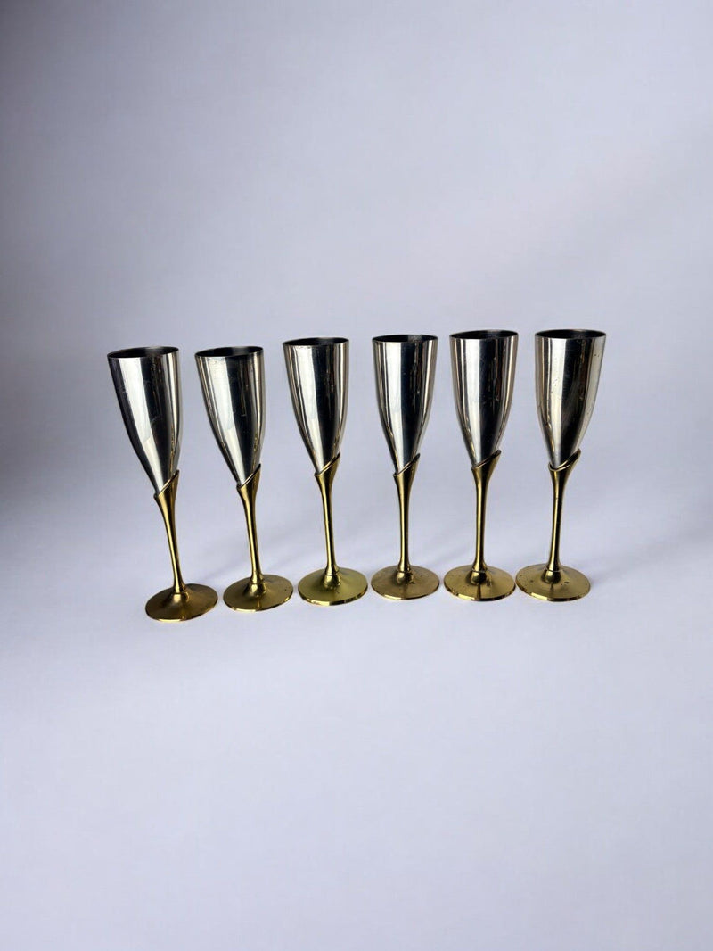Brutalist Champagne Glasses, Spain, 1970's — close-up of polished metal finish