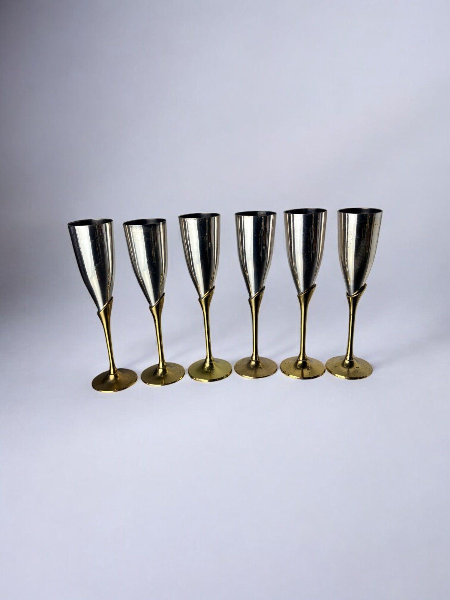 Brutalist Champagne Glasses, Spain, 1970's — close-up of polished metal finish