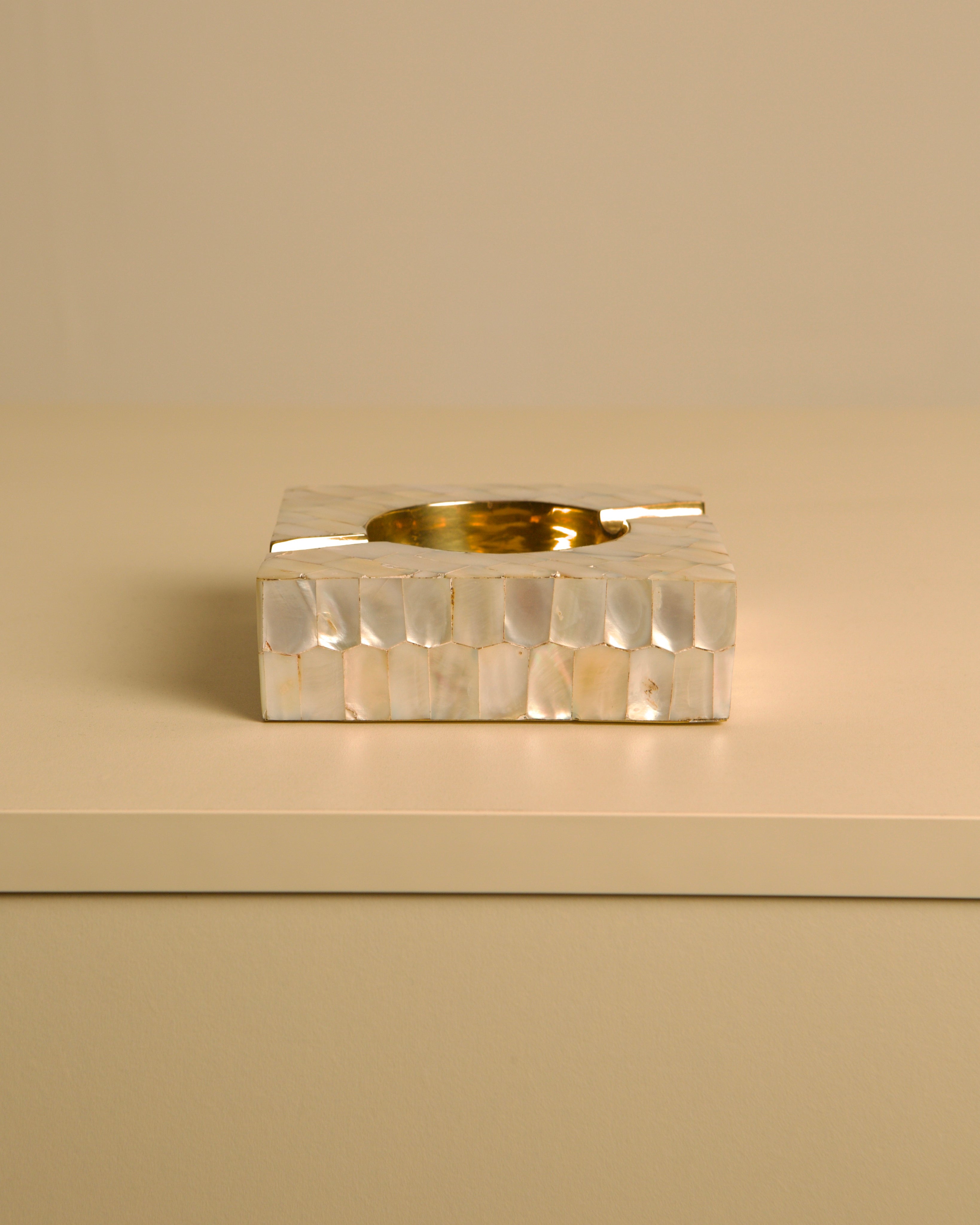 Art Deco Ashtray in Mother-of-pearl and Brass, 1930s — side angle showing mother-of-pearl texture