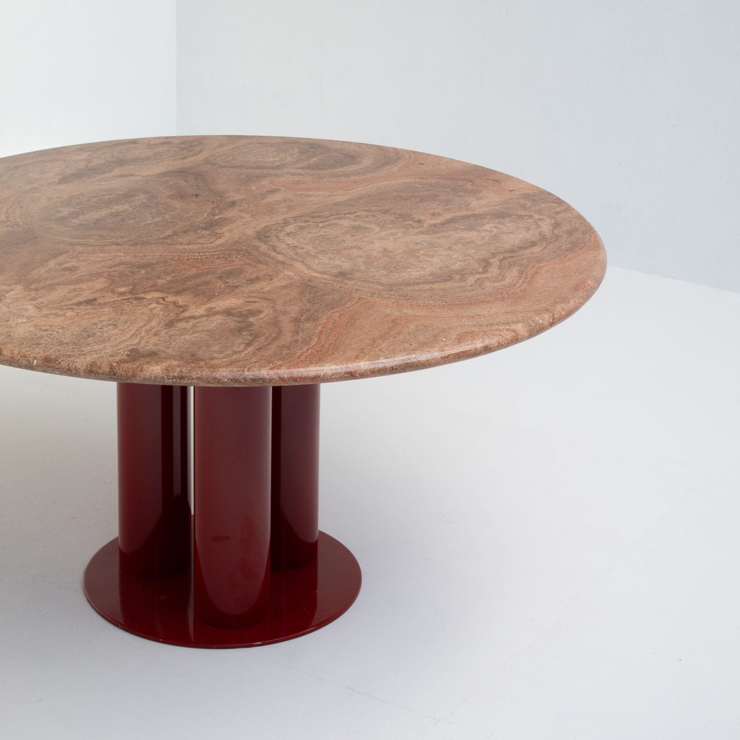 Round Marble Dining Table with Burgundy Lacquered Base — top view highlighting marble surface and lacquered base
