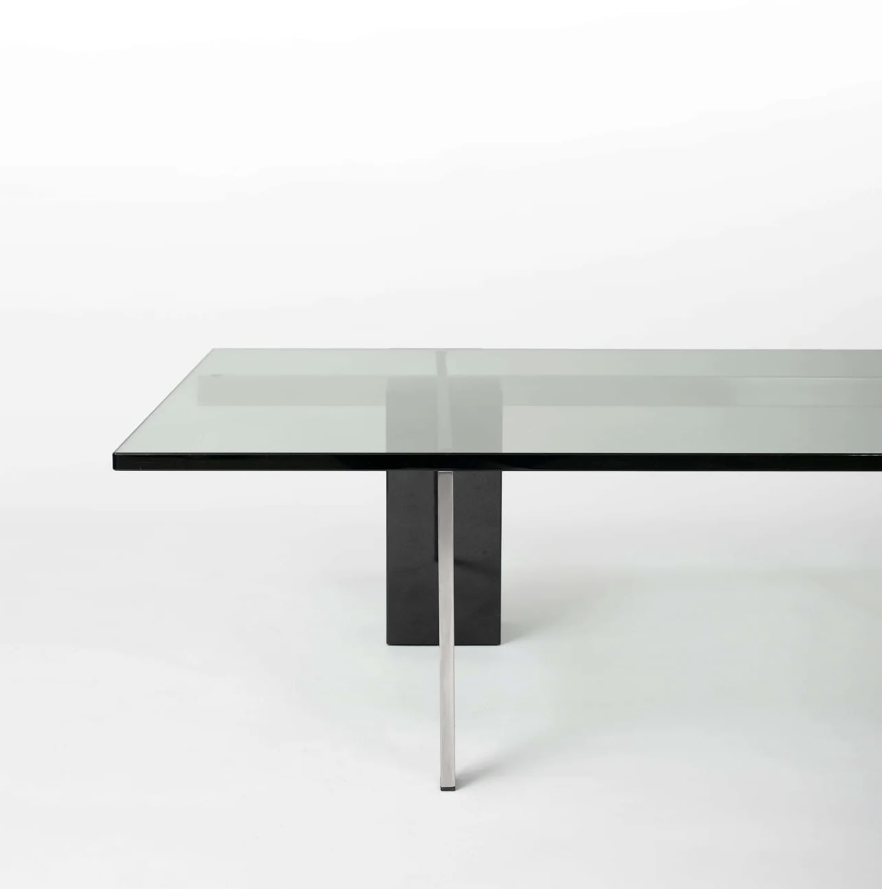 KW1 glass, metal and granite coffee table by Hank Kwint for Metaform 1980s — angled view highlighting glass top and metal leg