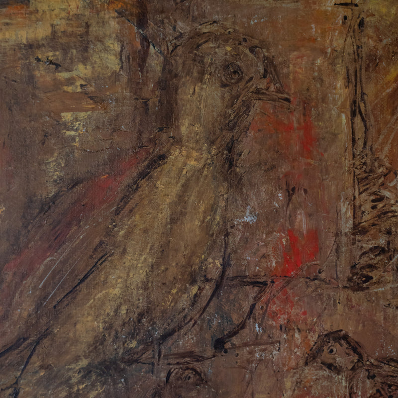 Mid-Century Swedish Abstract "Birds Nest" By Andreas Lensdorf — close-up of textured brown paint with bird detail