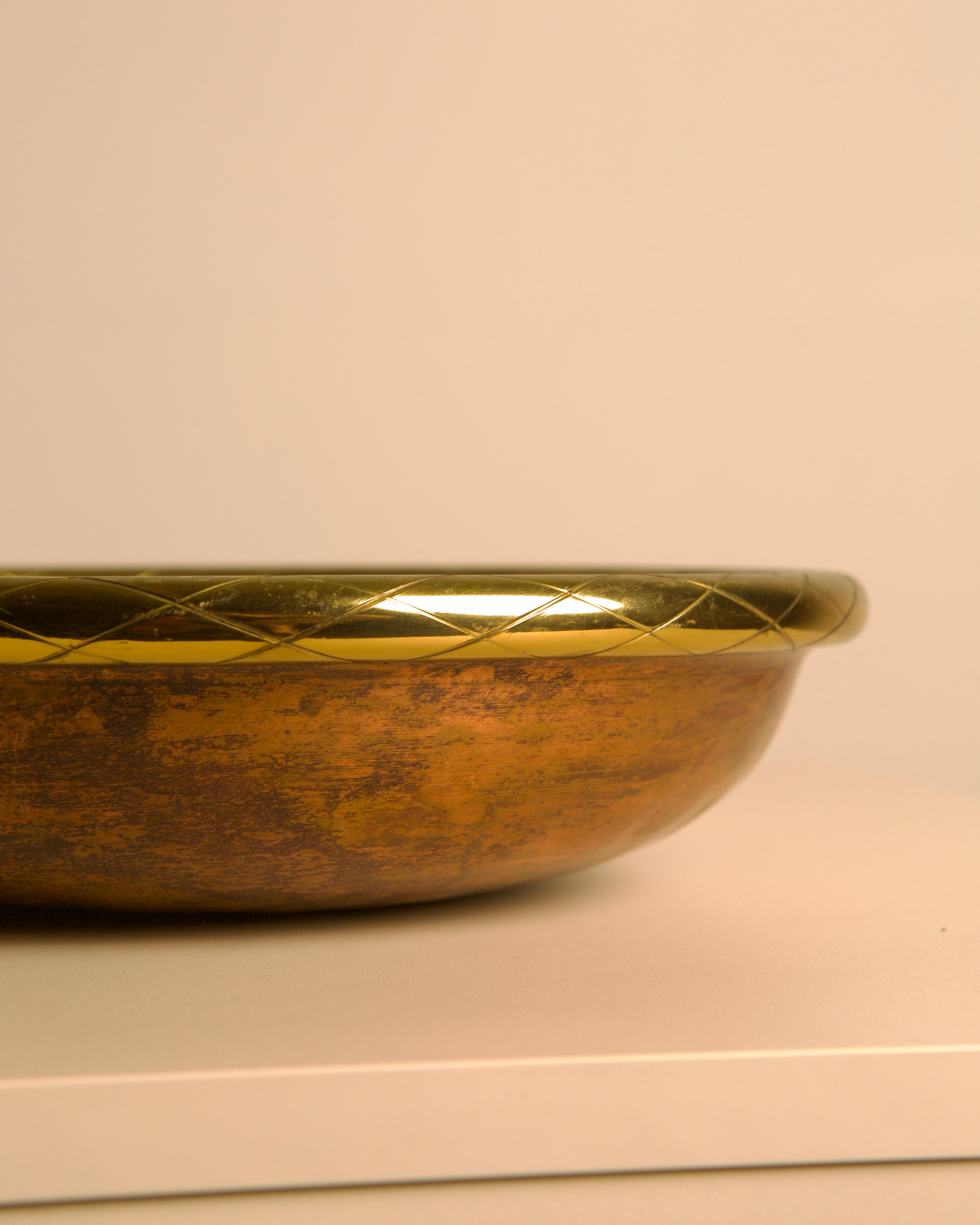 Large Italian Patinated Copper & Engraved Brass Bowl / Catchall, 1960s — lifestyle setting