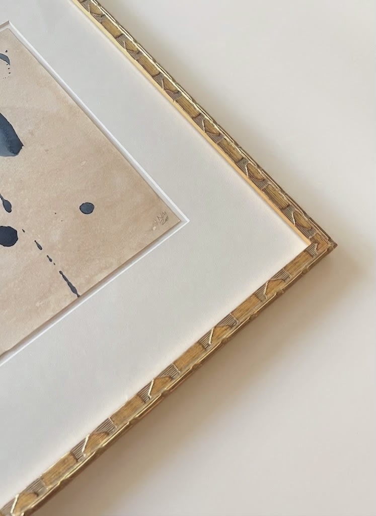 "Sand and Ink" Abstract on Paper in Gilded Handmade Frame — side angle