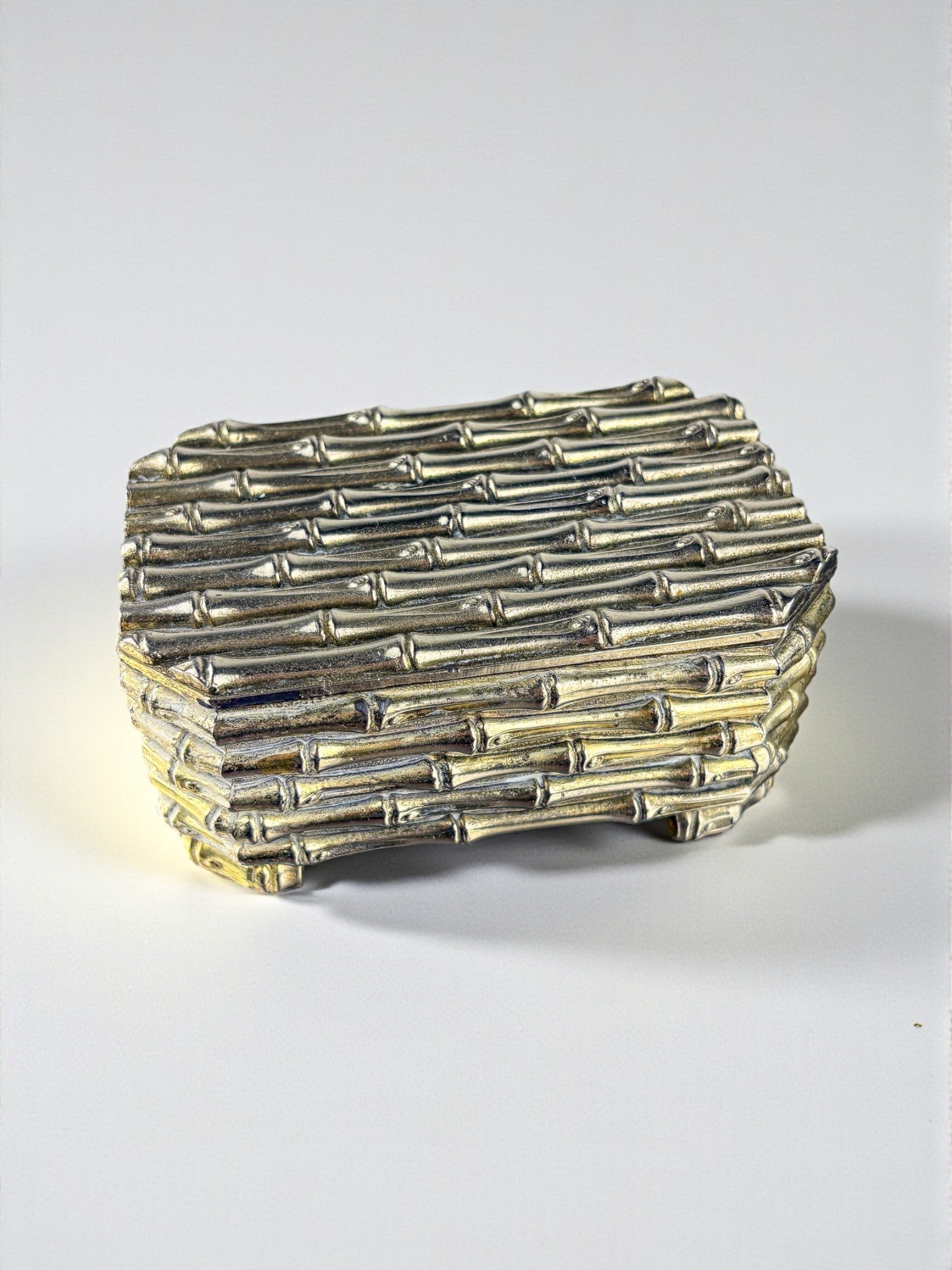 Maison Baguès Silver-Plated Faux Bamboo Box, France, 1960s — side angle showing textured silver surface