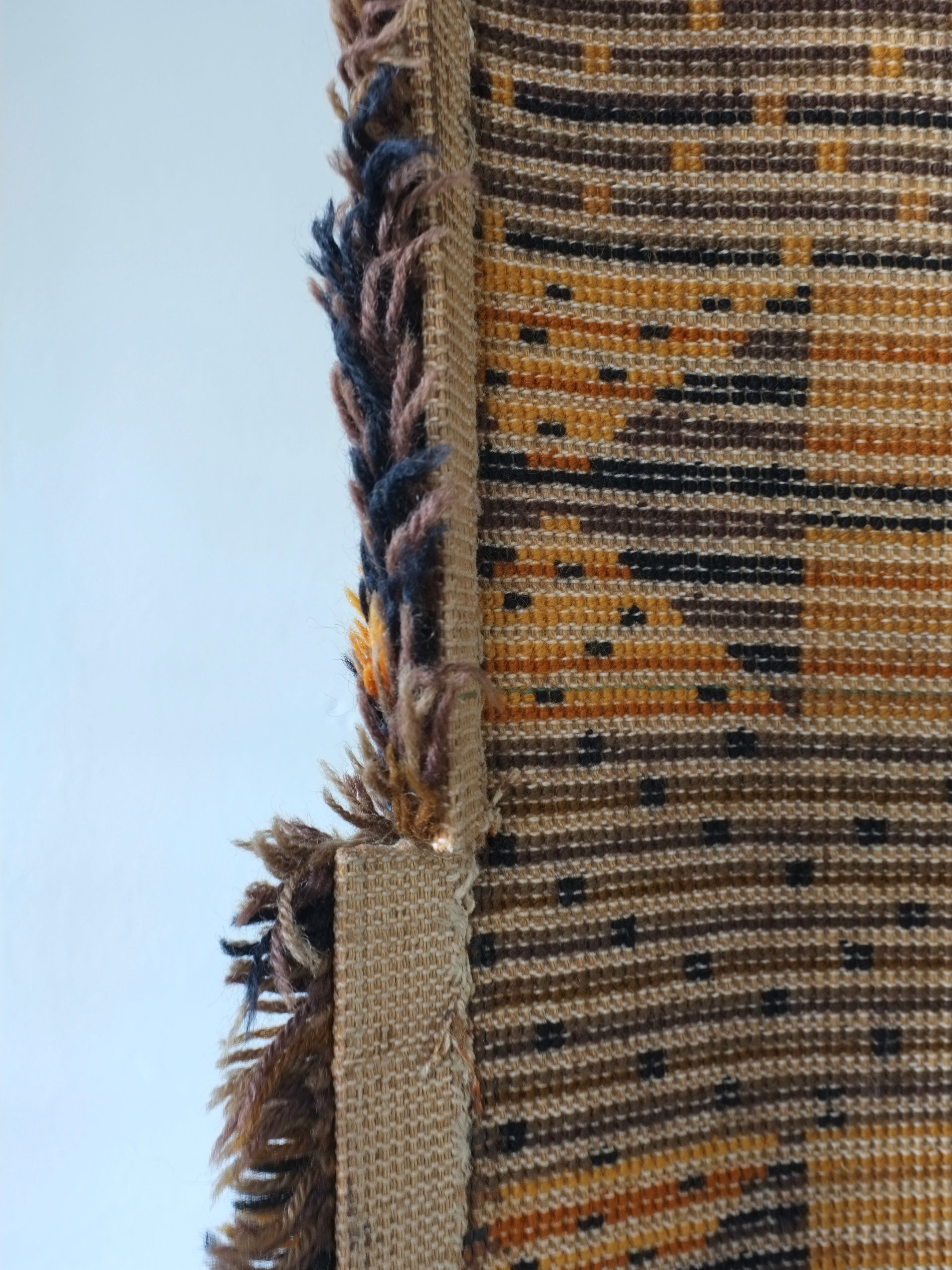 Large Scandinavian Brown Wool Rya Rug | Sweden | 1960s — back view showing woven texture and fringe
