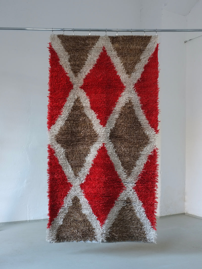 Scandinavian Red Rhombus Wool Rya Rug | Sweden | 1960s by Veter Vintage | handmade wool, red and brown colors