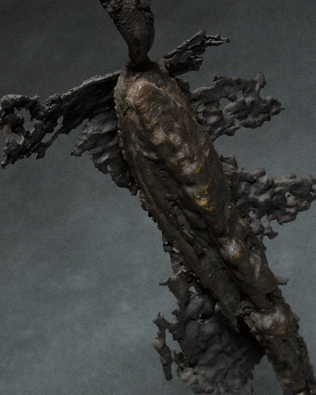 Skeletal Sculpture in Iron by Francois Saison — close-up of textured iron surface