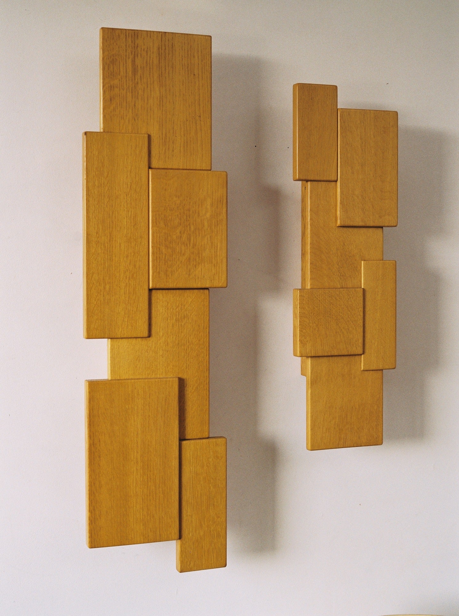 Vintage Set of Two French Oak Wood Sculptural Lamps Wall Lights C. 1980