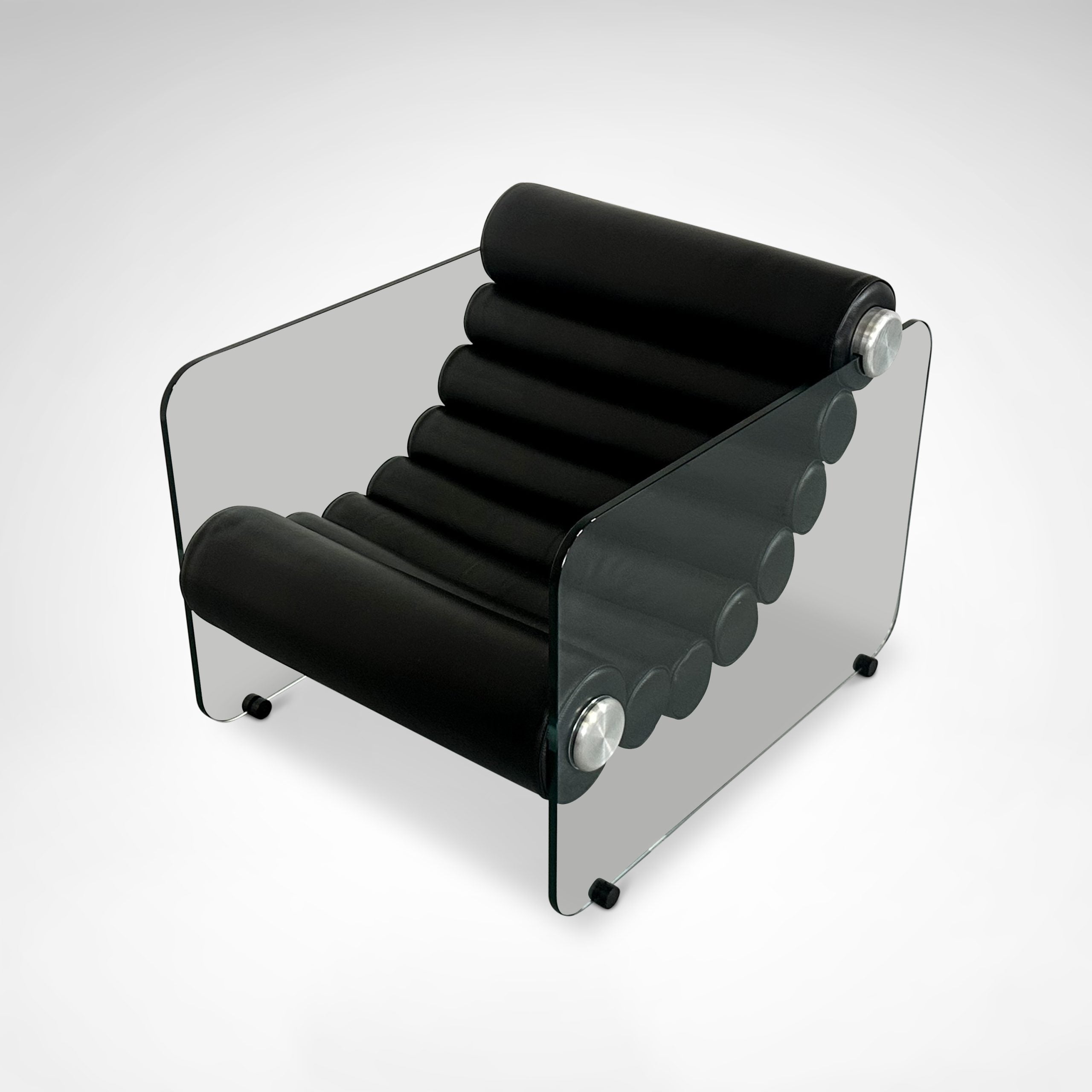 Hyaline leather and glass armchair by Fabio Lenci for Comfortline Italy 1960s — angled view highlighting black leather rolls