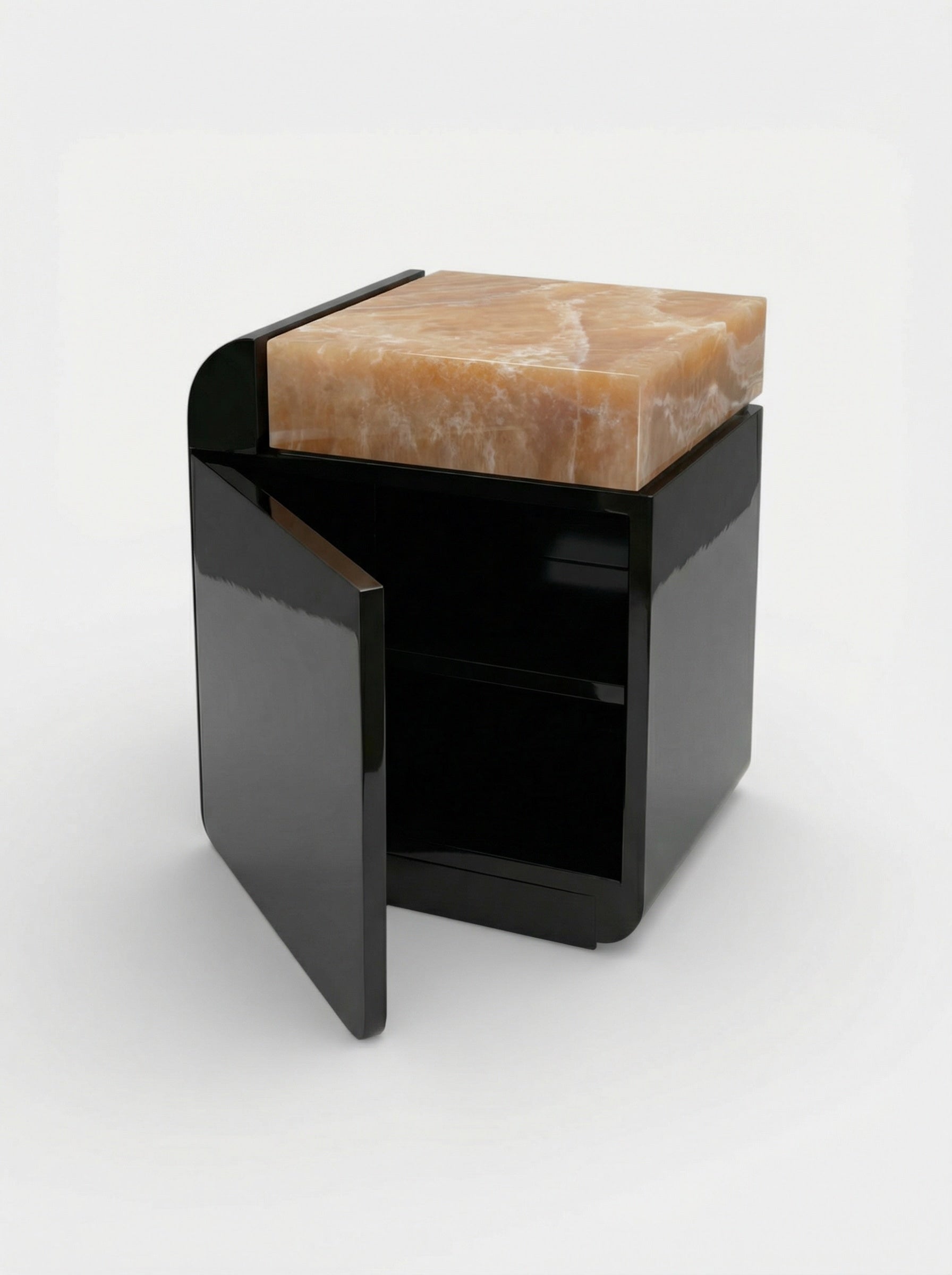 Amo Black Lacquered Wood and Honey Onyx — close-up of onyx top and open door