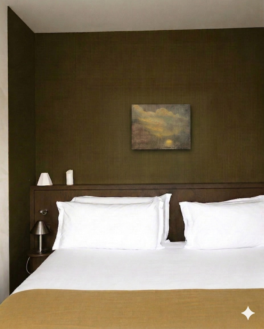 Painting on Canvas, Lime Paint and Oil, "transformation" (40x30) — displayed above a modern wooden headboard